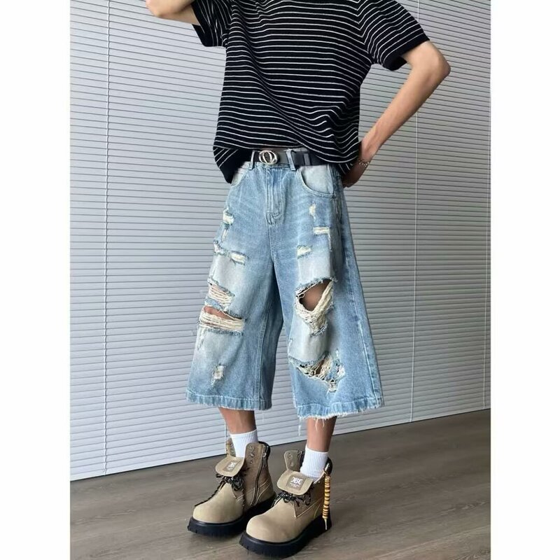 Plus-Size Vintage High-Street Ripped Denim Cropped Jeans, Loose Drapey Wide-Leg Pants, Extra-Large Men's Clothing with a Draping Effect Plus-Size Vintage High-Street Ripped Denim Cropped Jeans, Loose Drapey Wide-Leg Pants, Extra-Large Men's Clothing with a Draping Effect