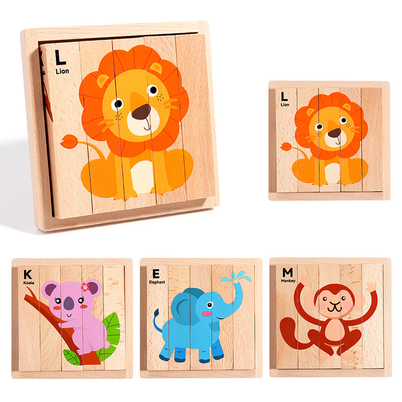 幼児教育用立体パズル 木製四面絵 ベビー・子供用 3D積み木 5ピース ストリップパズル 手動と脳|undefined