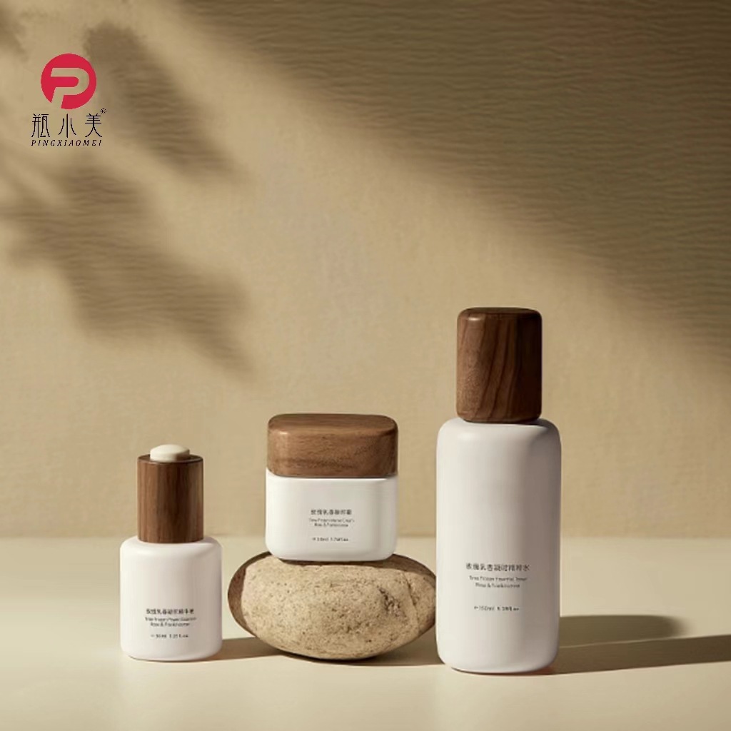 玻璃瓶竹盖螺口日用竹木盖按压滴管木质套装乳液瓶化妆品瓶