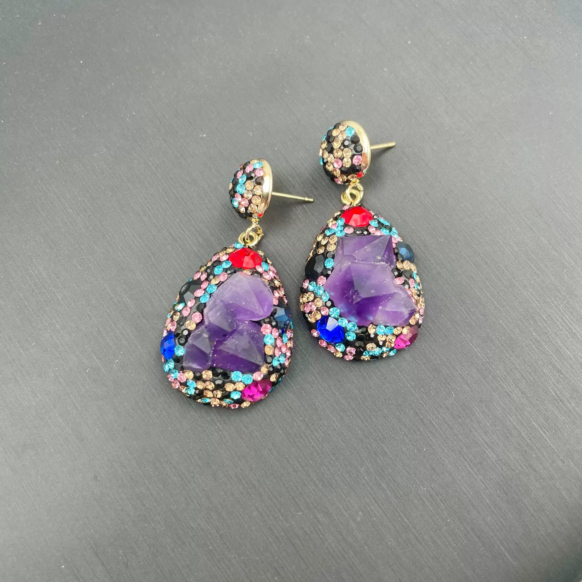 Organic retro set with amethyst, diamond, accessory, European style, wholesale
