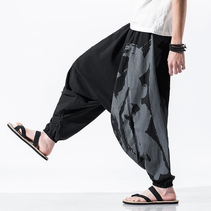 Pantalones de entrepierna colgante de Buda, pantalones de entrepierna baja de grasa especial de algodón y lino para hombre, pantalones de entrepierna de arrastre sueltos, pantalones de nueve puntos, pantalones holgados japoneses más grasa de talla grande