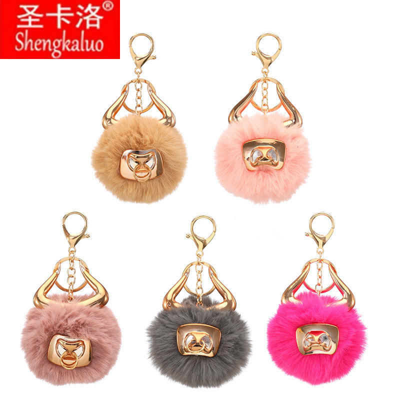厂家现货合金牛头镶钻镂空仿獭兔毛毛球钥匙扣挂件箱包鞋服配件