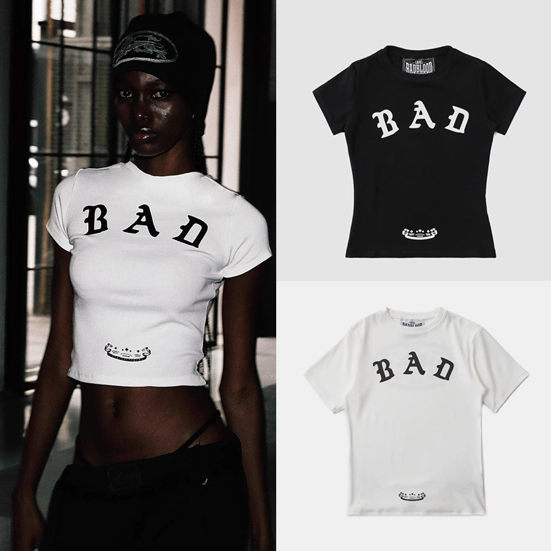 badblood South Korea American High Street Short Slim-fit Sports Spice Girl Style Printed T-shirt Navel-exposed Short-sleeved Top for Women