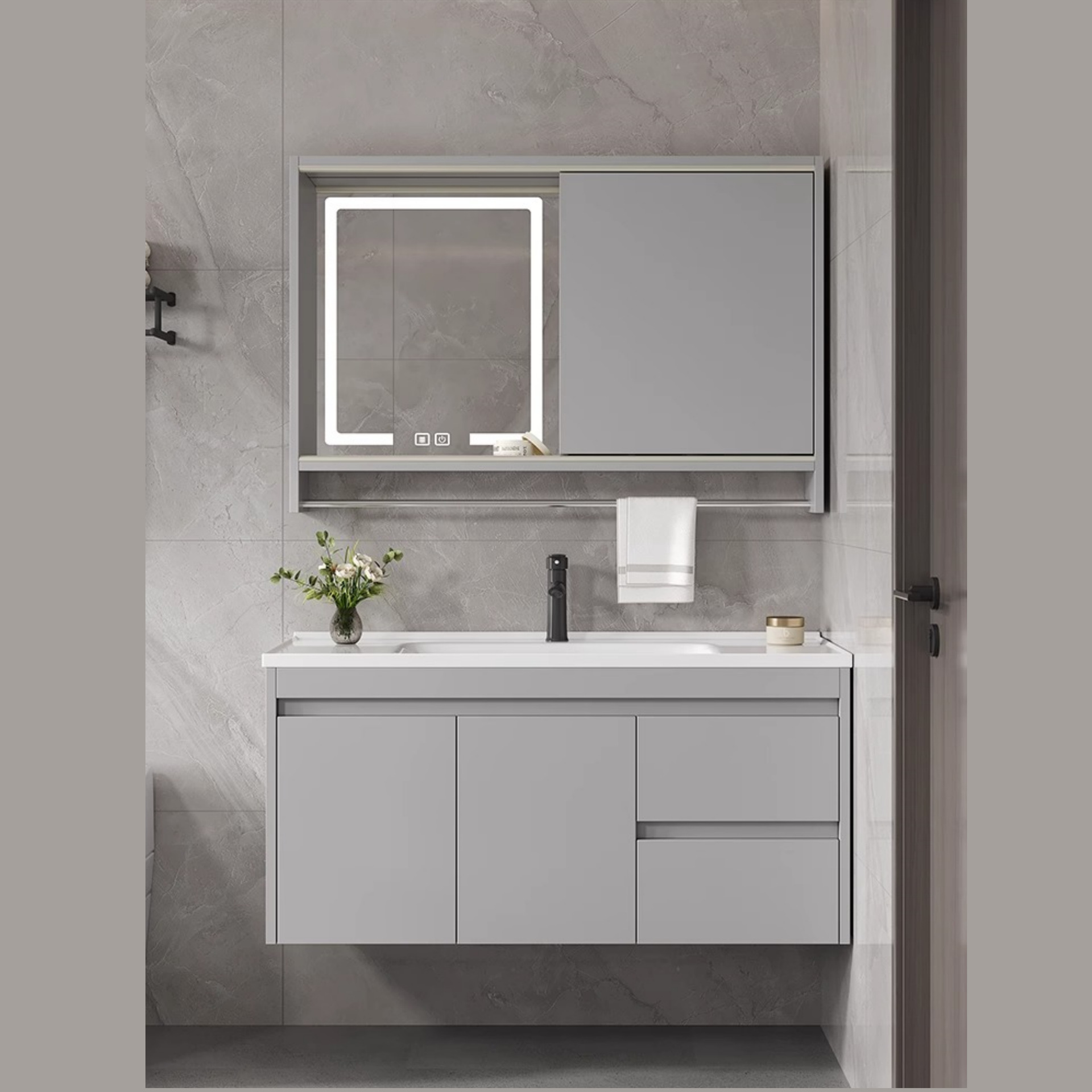 Push-pull oculto feng shui espejo de madera maciza gabinete de baño combinación de cerámica integrado lavabo de baño lavabo