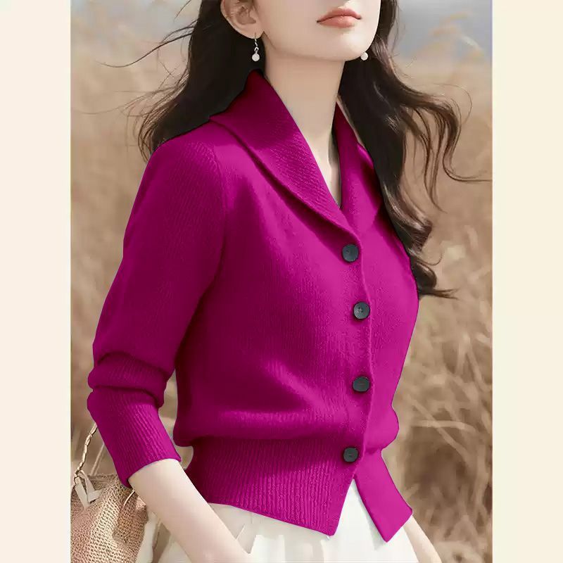 专柜女装毛衣时尚优雅纯色翻领长袖针织开衫女秋冬长袖上衣女|undefined