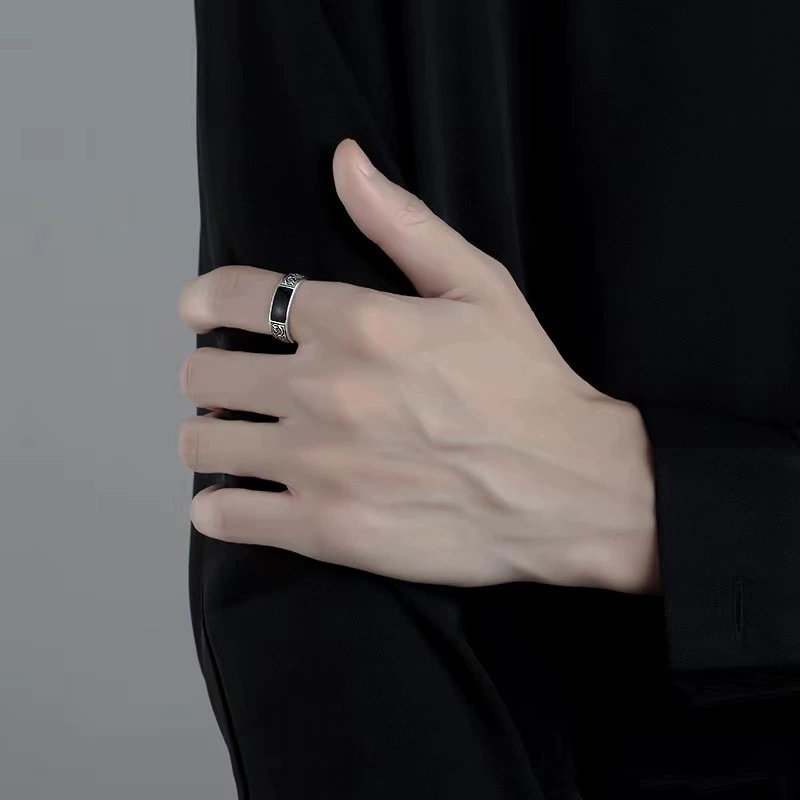 Men's Ring, 925 Silver, Retro Enamel Accent, One-Size Small Adjustable