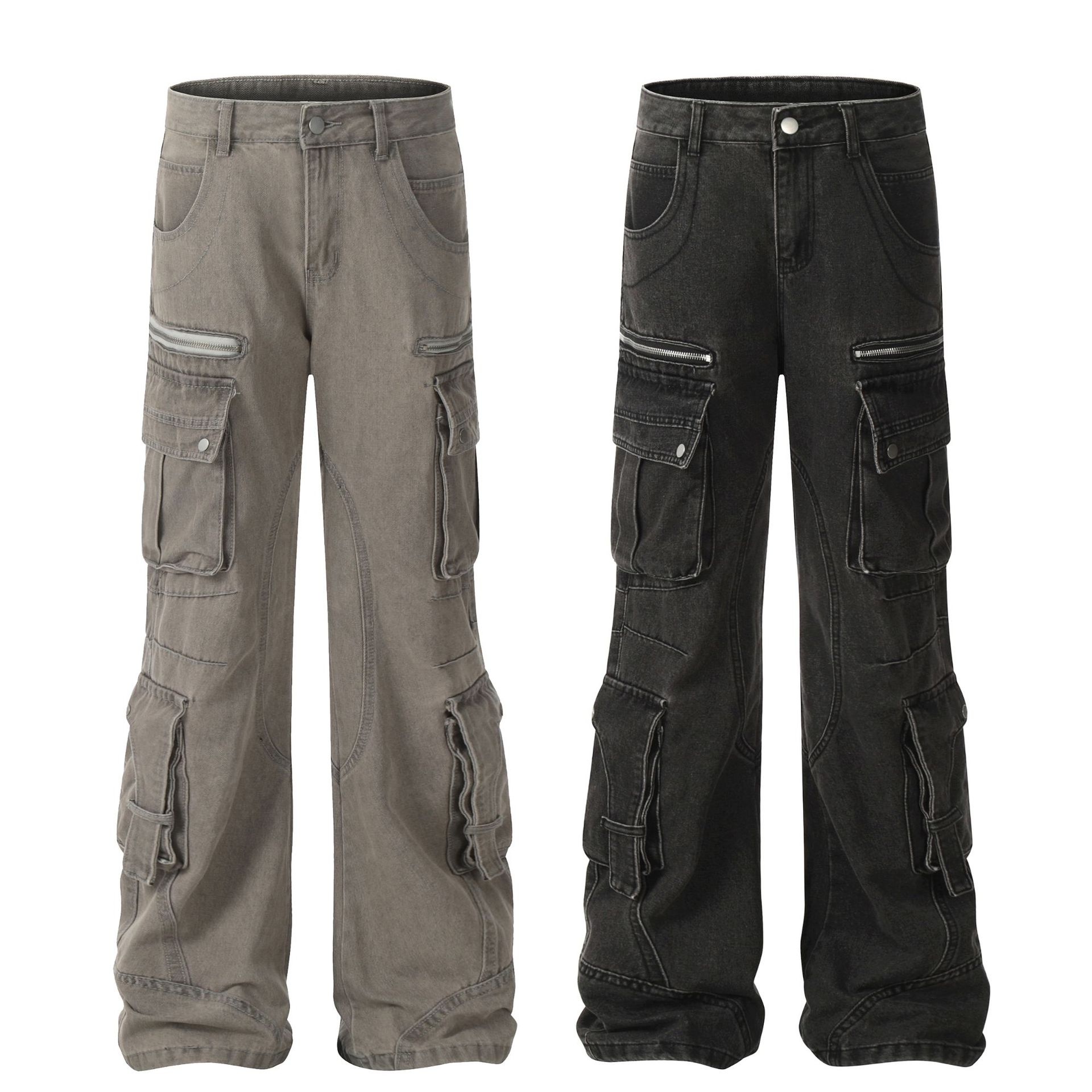 Vêtements pour hommes 2025 Nouveau jean de travail multi-poches délavé américain Style couple Pantalon légèrement évasé pour hommes et femmes_voghion.com