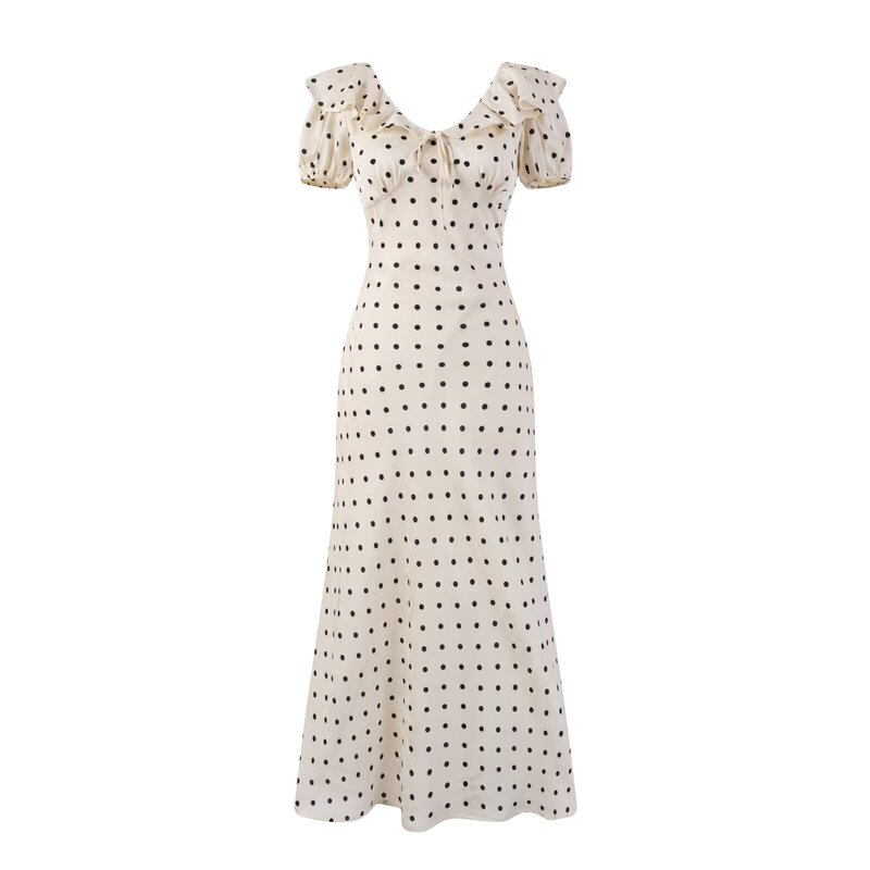 2025 New Sweet Polar Dot Chic Bubble Sleeve Long Dress French V-neck Retro Ruffled Holiday dress