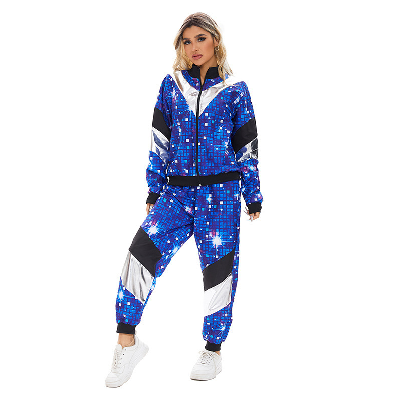 Cross-border 80's disco sportswear Starry Sky jacket and pants vintage style carnival theme party wear Cross-border 80's disco sportswear Starry Sky jacket and pants vintage style carnival theme party wear