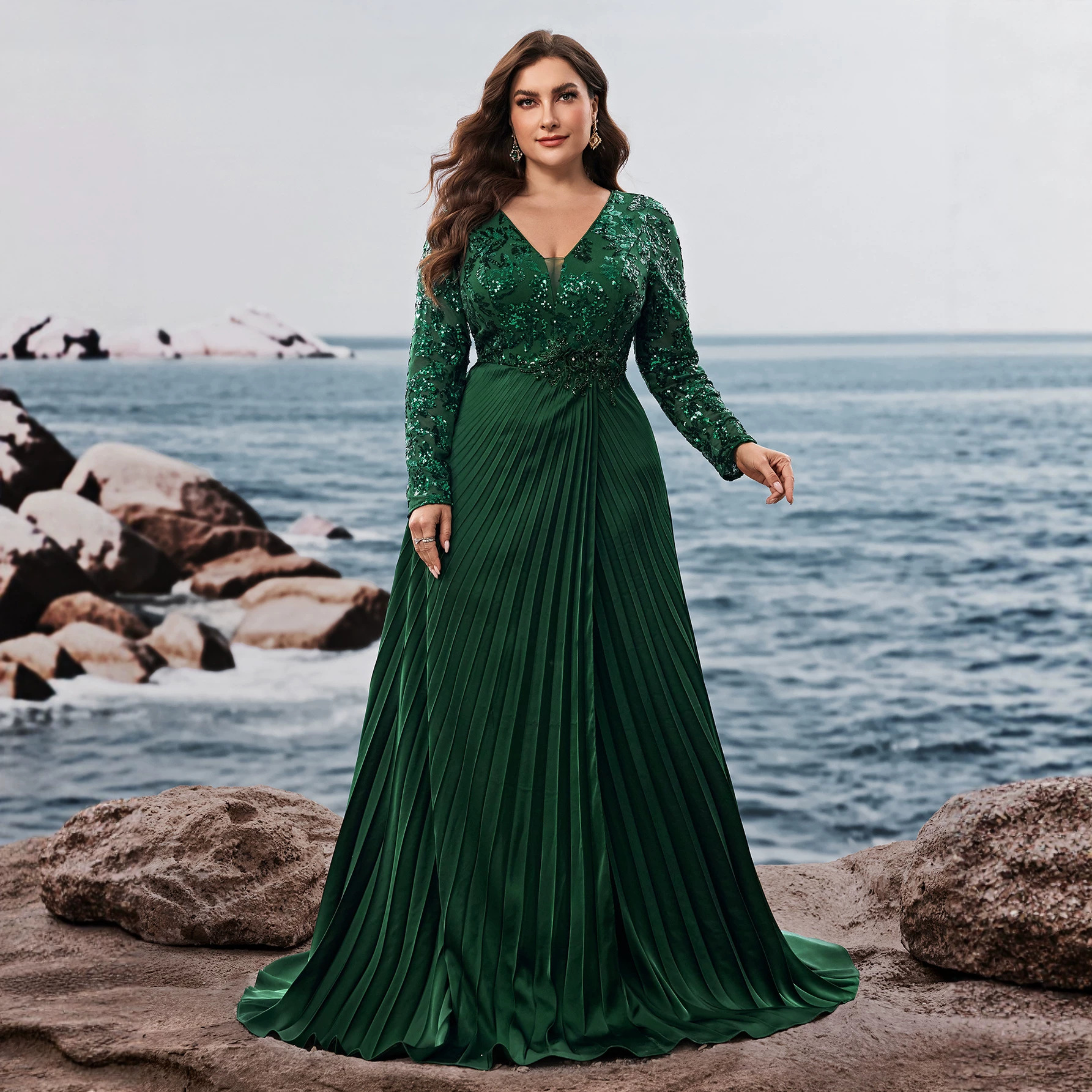 European and American Style V-Neck Pleated Ball Gown, Elegant Long-Sleeve Sequined Wedding Plus-Size Evening Dress with Slit and Appliqué