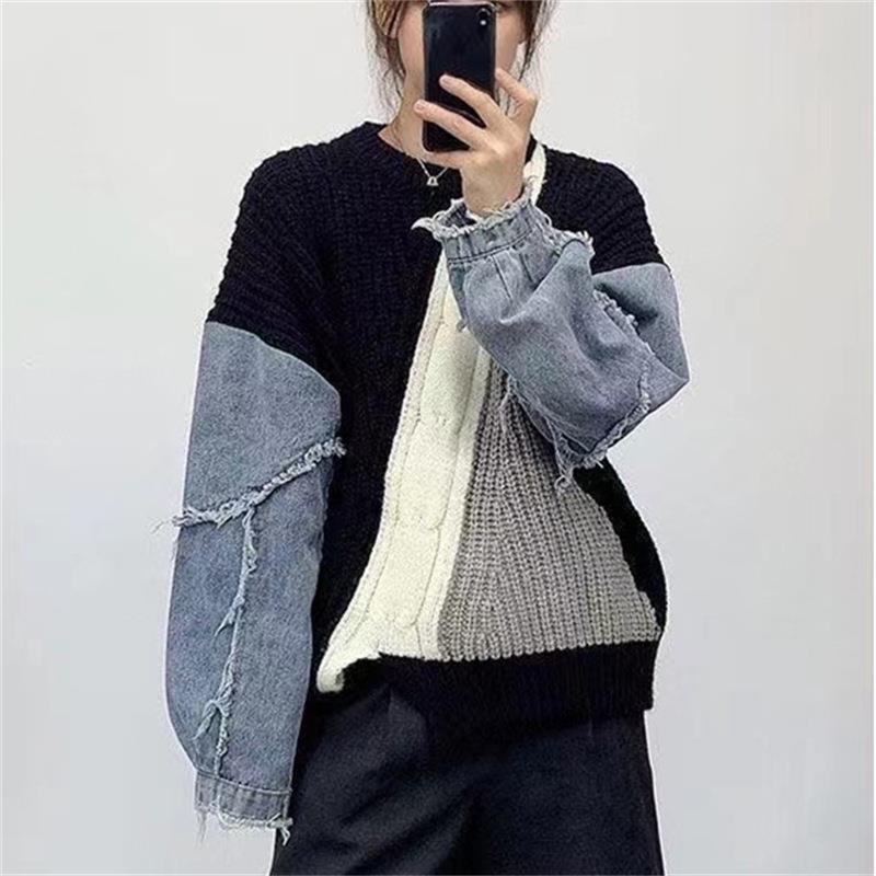 牛仔拼接麻花新款毛衣女2023春秋套头上衣显瘦气质宽松针织衫女装|undefined