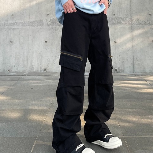 American Retro High Street Vibe Zipper Split Crease Khaki Work Pants for Men, Ins Trendy Straight Leg Micro-Wide Pants