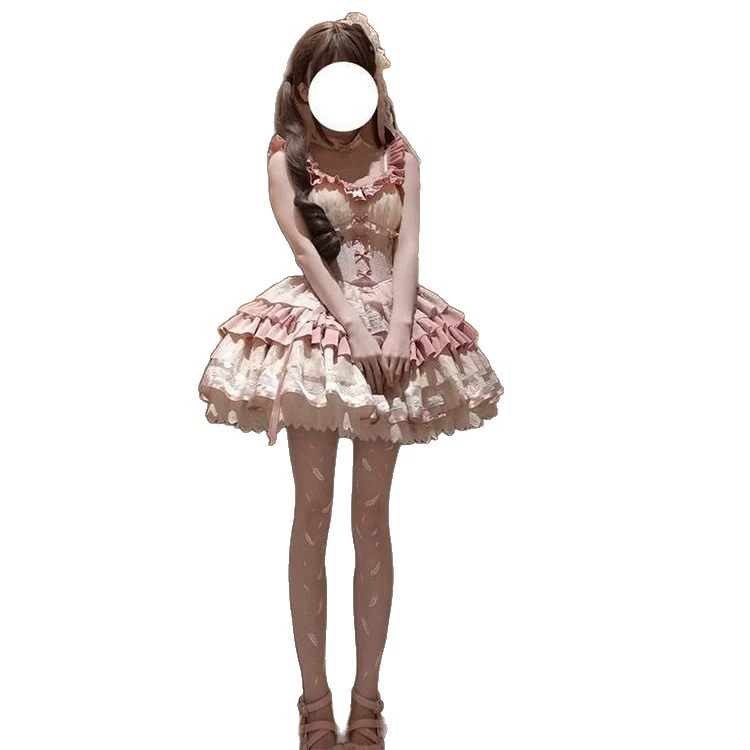 Lolita-платье (жен.) бархат с бантом, фуксия, многослойная оборка, S–L