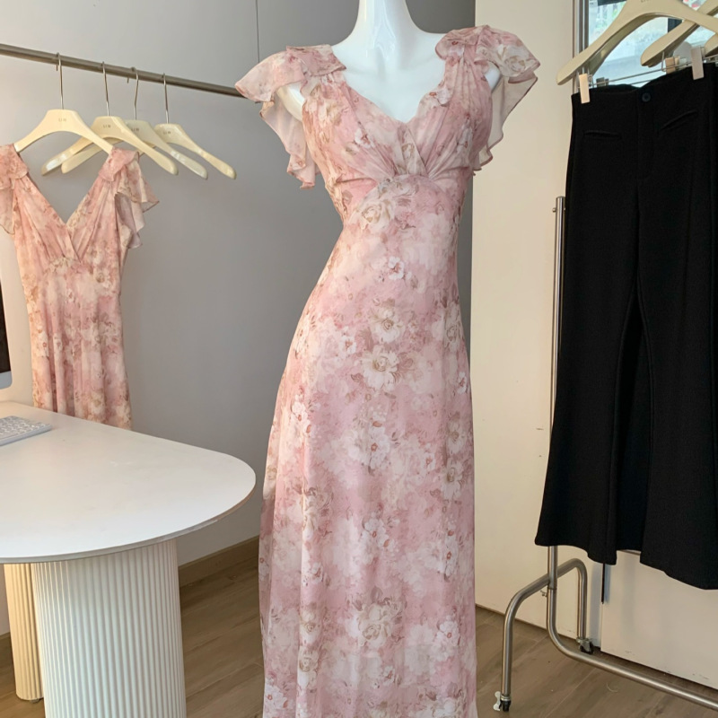 Tea Break French Chiffon Dress for Women 2026 Summer New Style Gentle Holiday Style Waist-Cinching Pink Floral Long Dress