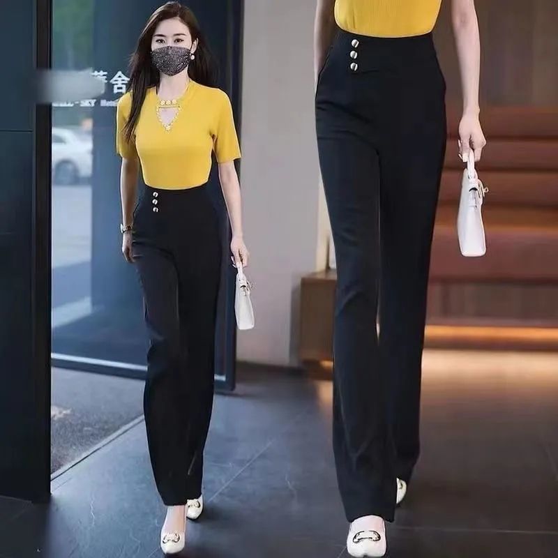 女性用ハイエンドブーツカットパンツ2025春の新しいスタイルシンプルなハイウエストドレープ多用途スリムカジュアルナローパンツ|undefined