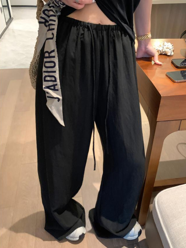 Quần culottes nữ ống rộng cạp chun rút dây chất liệu linen phối tencel dáng dài mùa hè — màu đen, Trà trắng, xanh lam