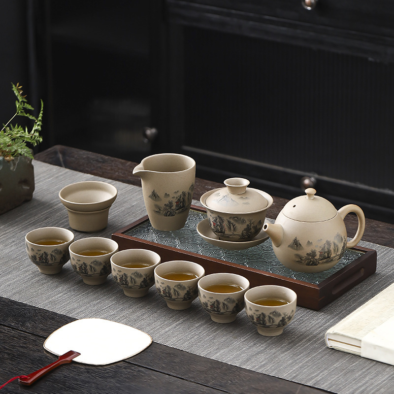 Coarse Pottery Tea Set suit Japanese Style Light Luxury Vintage Ceramic Cover Bowl Kung Fu Tea Maker Household Complete Set Gift Box