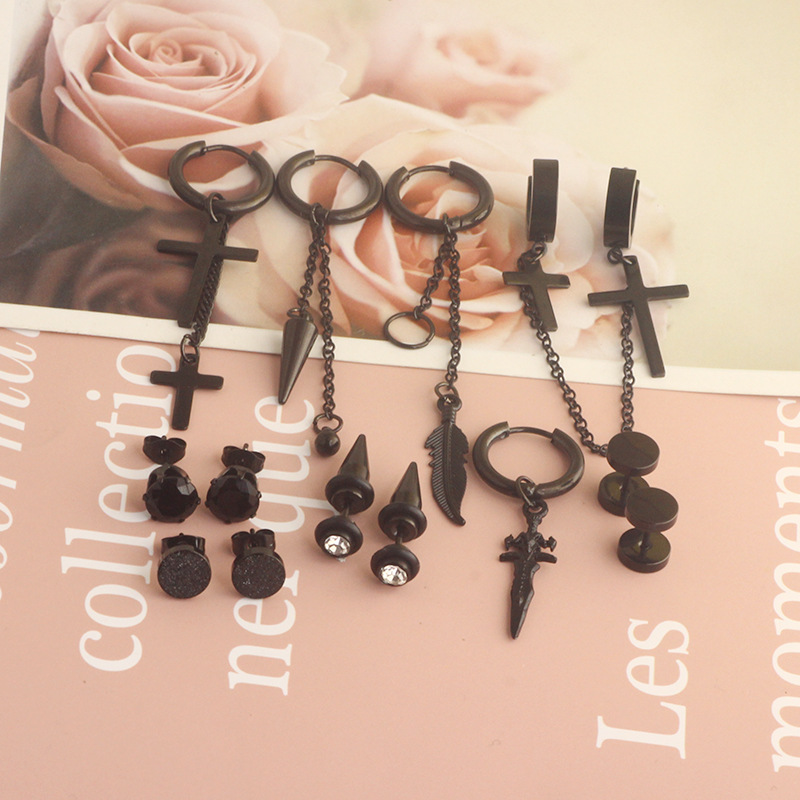 17 Pieces Set Men Stud Earrings Stainless Steel Pierced Earrings Set Black Silver Cross Earrings detail image 11
