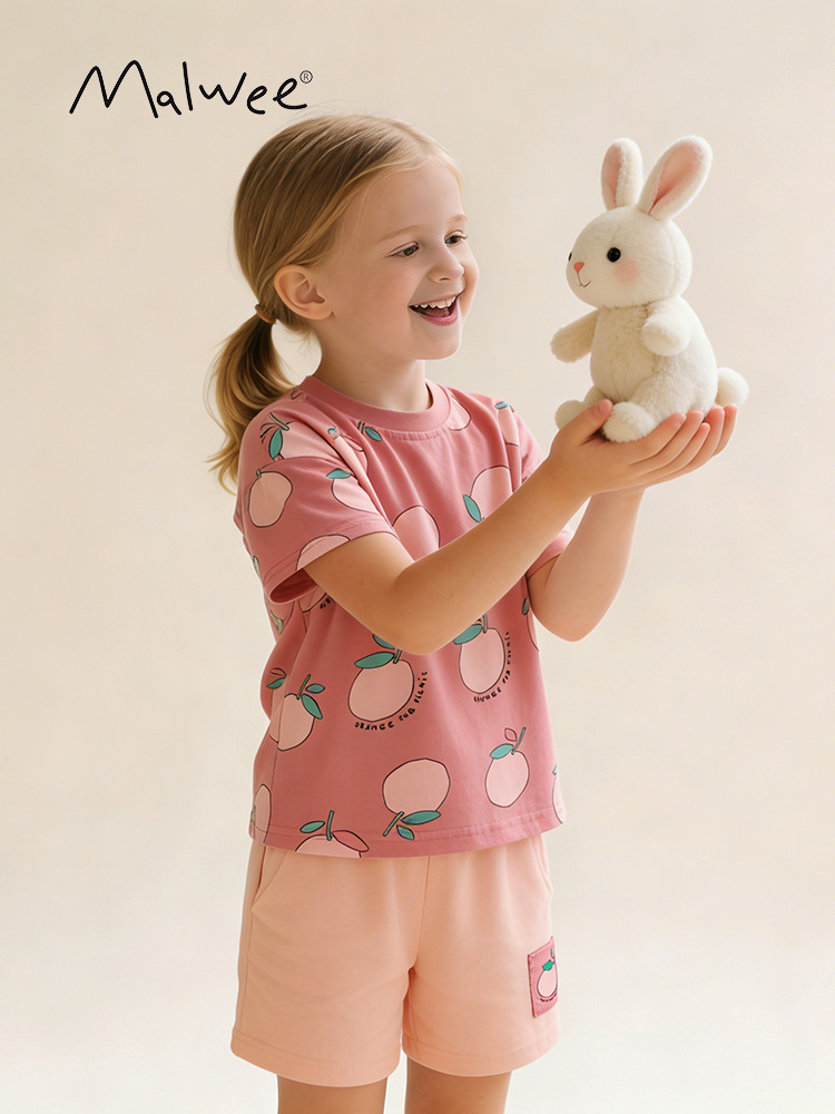 Malwee transfronterizo ropa de niñas verano nuevo estilo europeo y americano de niños de cuello redondo camiseta linda niña de verano dos piezas conjunto