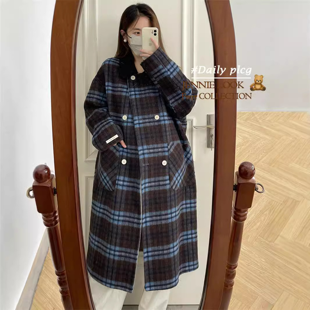 撞色格子双面羊绒大衣女中长款秋冬新款双排扣蓝色羊毛呢外套宽松