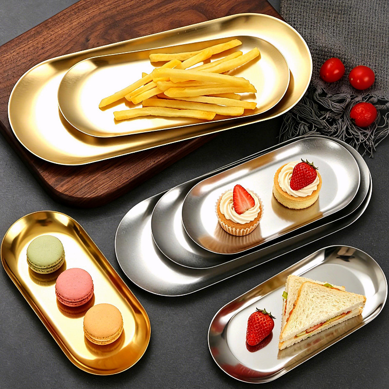 Factory Direct Supply of Thickened Stainless Steel Oval Plates, Creative Restaurant Dessert Plates, Commercial Trays, Korean Cuisine Gold Plates