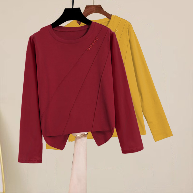Round neck irregular base shirt for women in spring and autumn new European slim fit button long-sleeved top