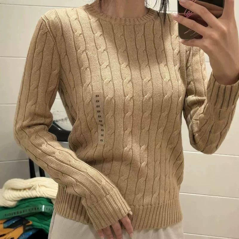 RL Laff Pony с вышитым логотипом, осенне-зимний вязаный свитер с круглым вырезом, однотонный шерстяной кардиган, свободный шерстяной базовый слой для женщин.