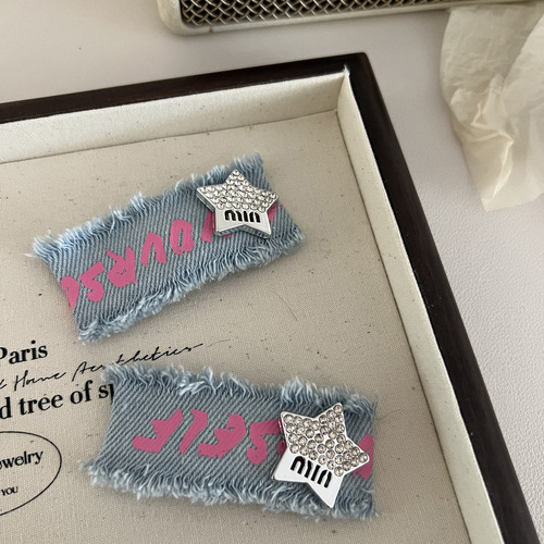 Autumn and winter y2k rhinestone star denim fabric hairpin female side bangs clip sweet cool hot girl bb clip hairpin headwear