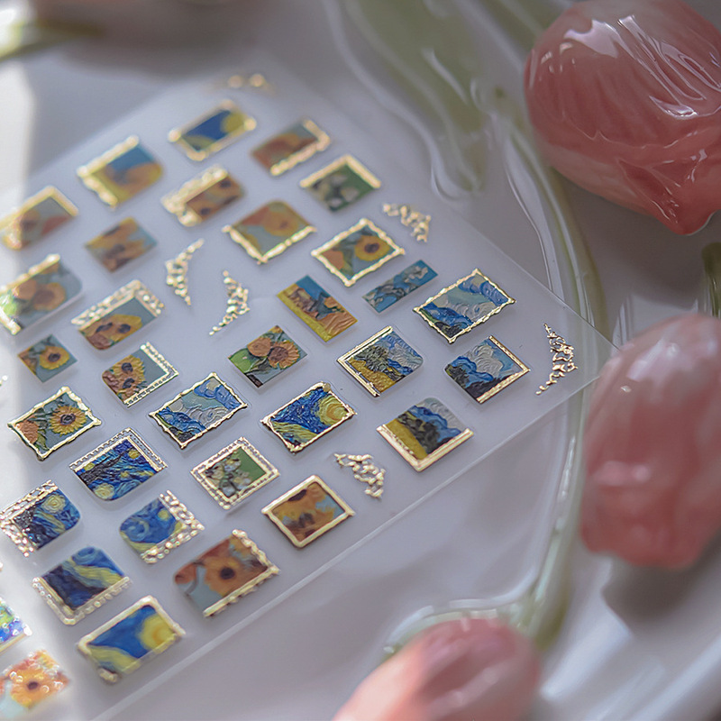 Nail Art Stickers New Oil Painting Sunflower Square Stickers Advanced Bronzing Style Self-adhesive Nail Stickers