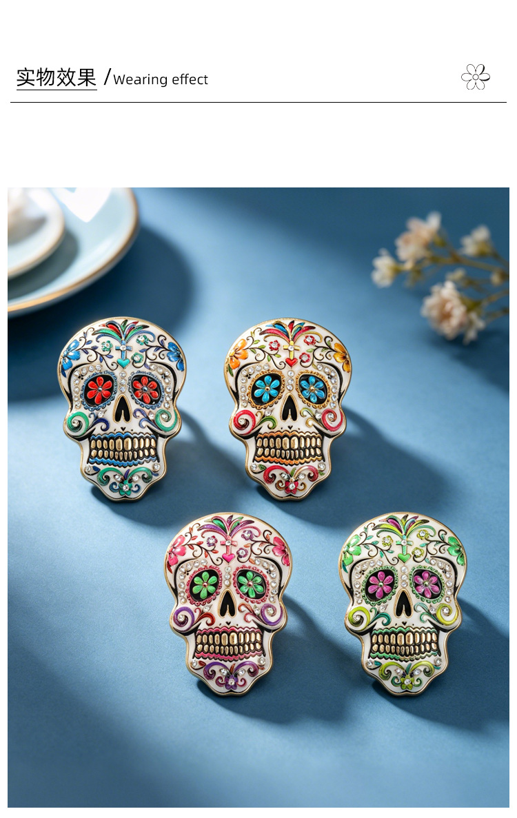 Original Day of the Dead Sugar Skull Brooch with Enamel and Diamond Inlay, Floral Design, Unique Gothic Style, Unisex Suit Decoration Pin