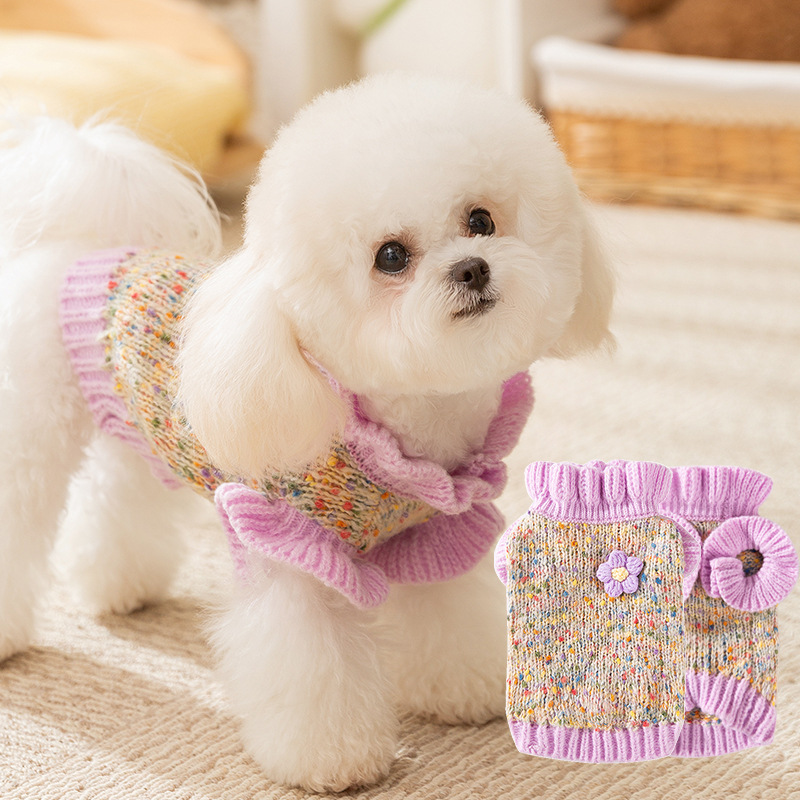 Dog clothes autumn and winter little colored yarn small flower sweater lady two-legged clothes small dog teddy bear pet clothing
