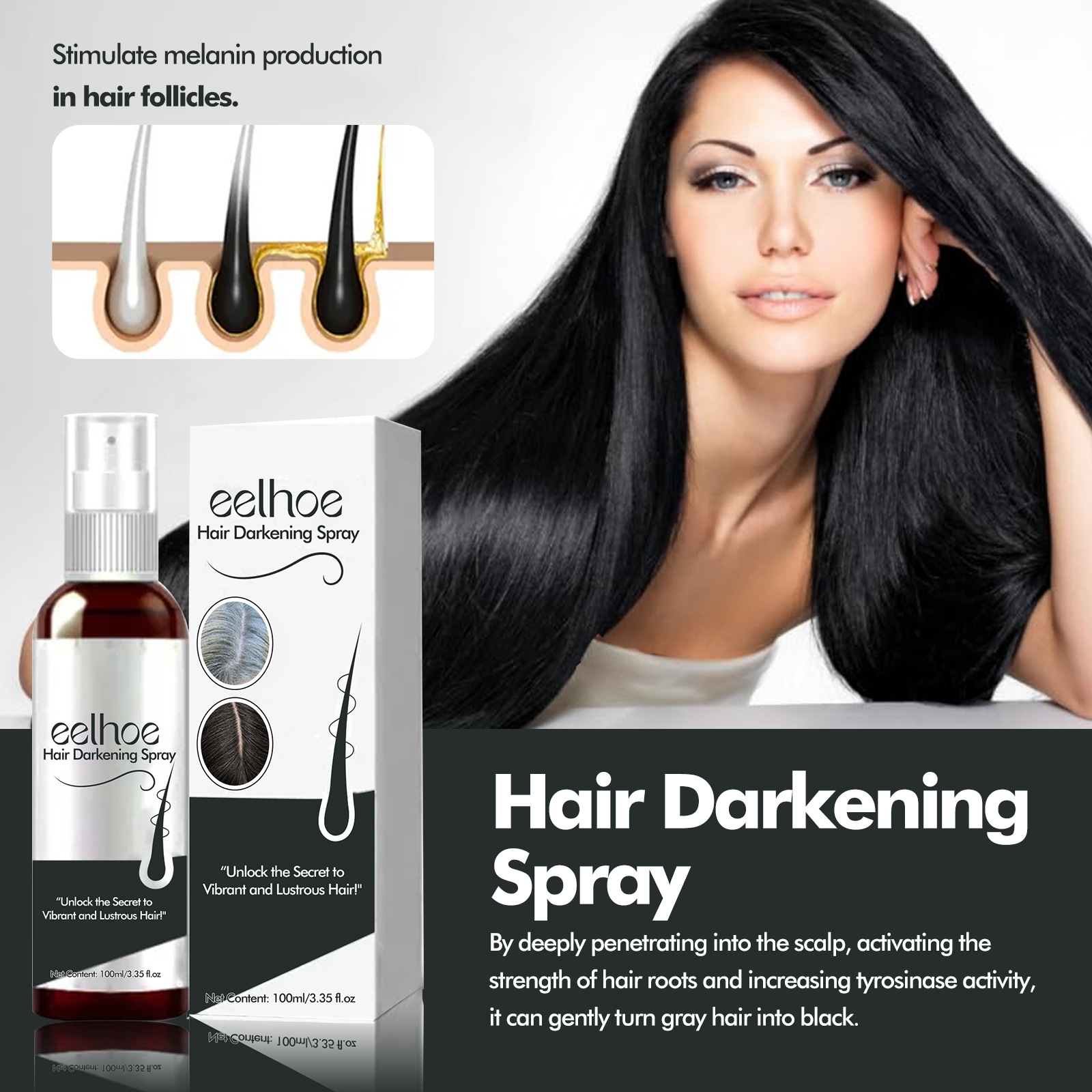 EELHOE Schwaarz Hoerspray Natierlech Schwaarz Hoerbedeckung Wäiss Hoer Glättend Glanzend Feuchtigkeitsspendend Déck Hoer Hoerpfleegspray_voghion.com