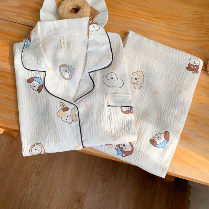 Nuevo conjunto de pijamas de algodón nublado transfronterizo de manga larga delgada primavera y otoño de mujeres lindos pantalones de dibujos animados dulces ropa para el hogar