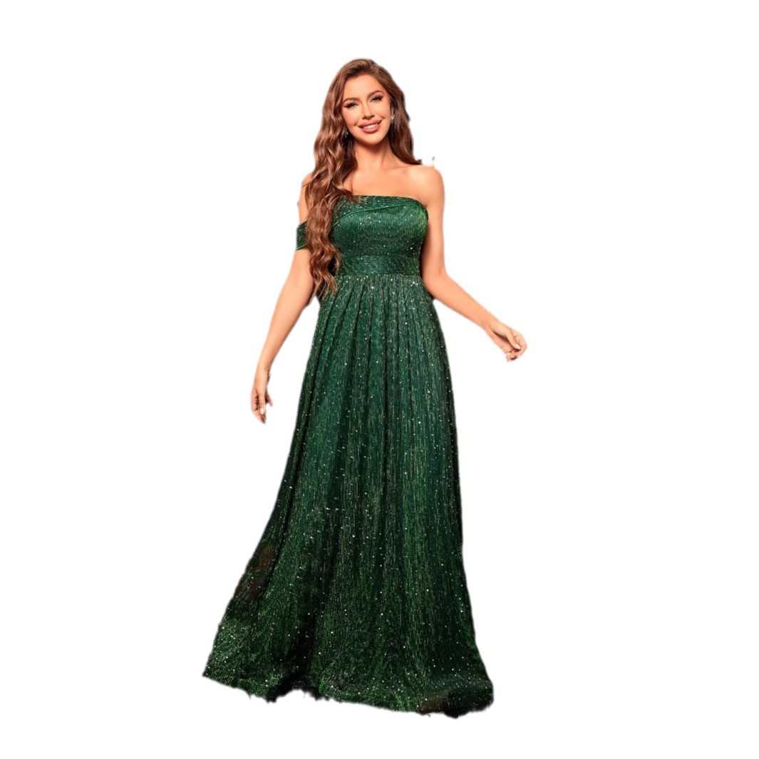 Europa y los Estados Unidos vestido de noche para mujeres 2026 nuevo vestido de cumpleaños de hombro verde vestido de mitzvah vestido de mujer