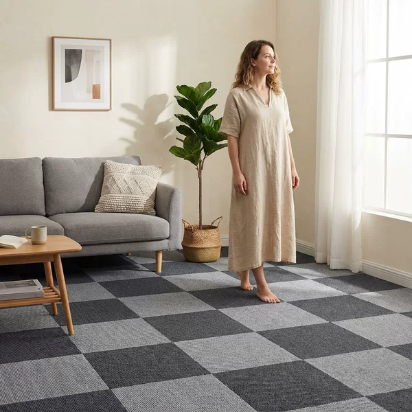 Carpet Interlocking Tiles for Office and Bedroom, Commercial Cement Floor Covering, Non-Slip, Self-Adhesive, Waterproof