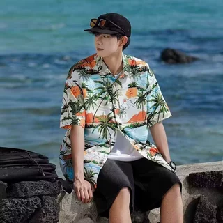 工厂外贸冰丝短袖男夏威夷花衬衫宽松度假欧美休闲沙滩花衬上衣服