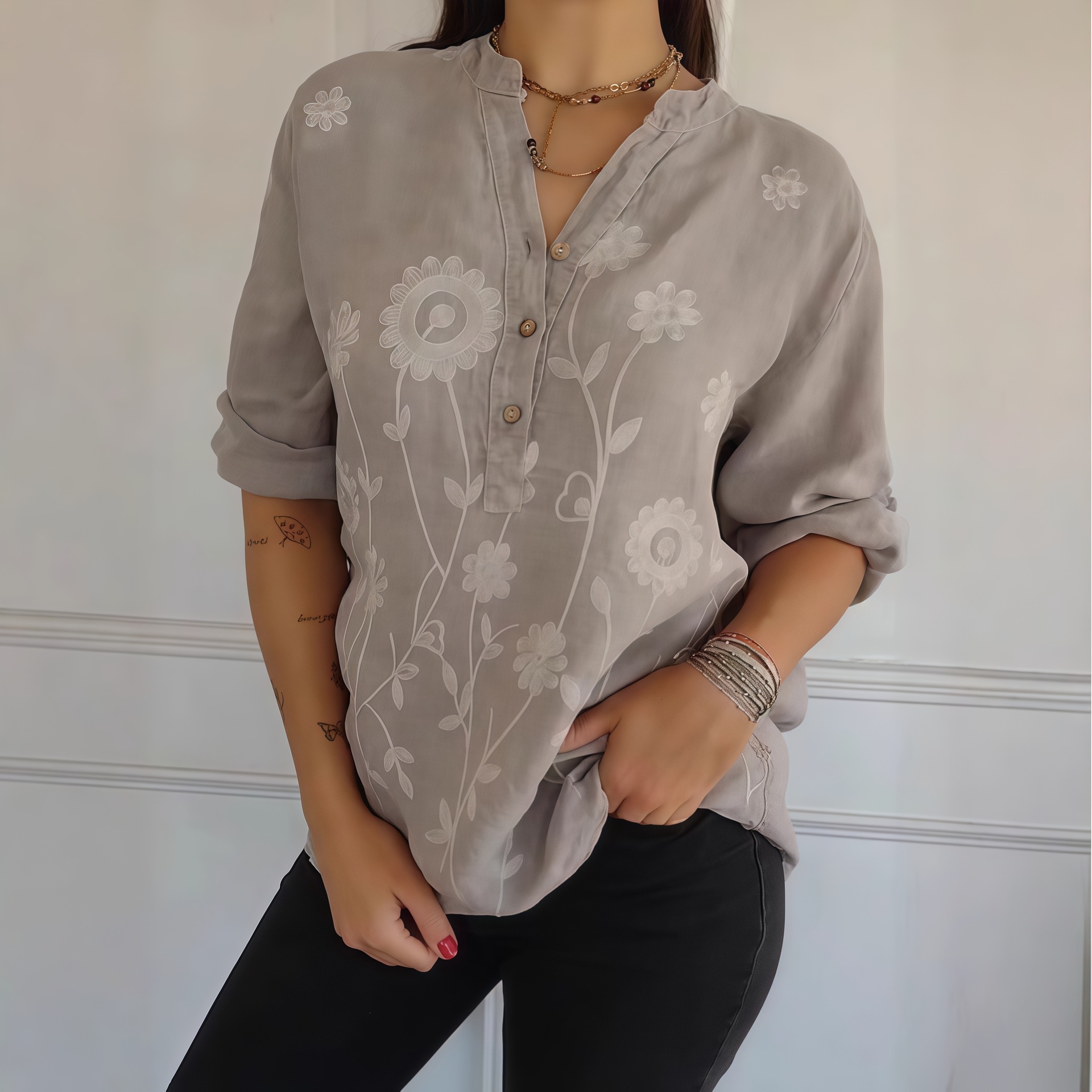 Women's Lace Embroidered V Neck Button Shirt Casual Elegant Fashion Blouse for Autumn Export Independent Website Europe & America_ecoleips.com