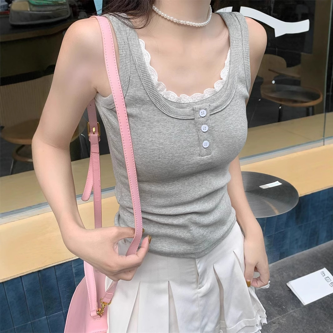 여름 여성의 새로운 BM 스파이스 소녀 섹시한 유럽과 미국 스타일 레이스 바느질 버튼 가짜 투피스 카미솔 탑