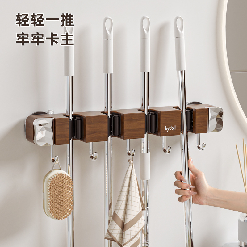 木目吸盤モップホルダーフックハンガー穴なし壁フックモップ収納棚トイレプラスチック棚|undefined