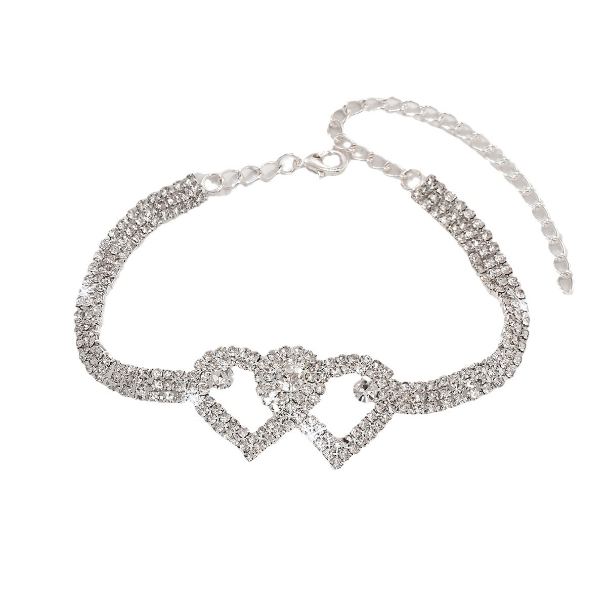 Fábrica al por mayor venta caliente transfronteriza cadena de pie de doble corazón de moda de diamantes completa joyería de playa de verano cadena de pie de diamantes de imitación en forma de corazón de todo fósforo
