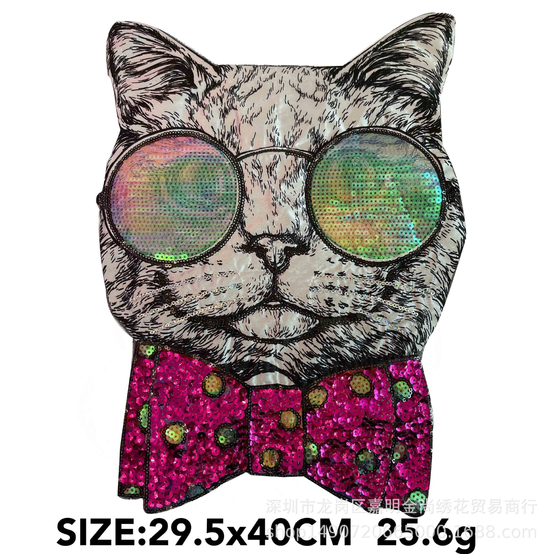 数码印花珠亮片绣花卡通动物手缝凹片彩色猫咪墨镜蝴蝶结无背胶密