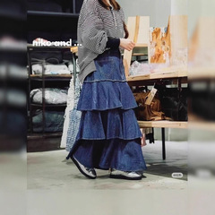 niko and妮蔻女士裙子简约棉质荷叶边牛仔半裙
