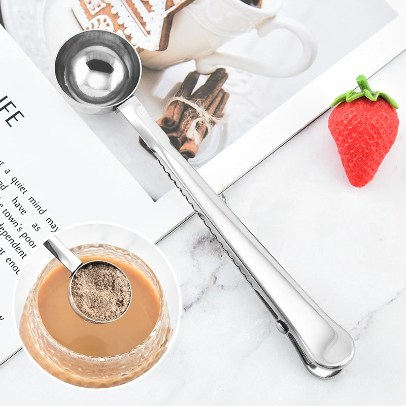 Оптовая кофейная мерная ложка из нержавеющей стали 2 в 1 ложка для сухого молока кофейная ложка Сумка зажим для рта многофункциональная мерная ложка