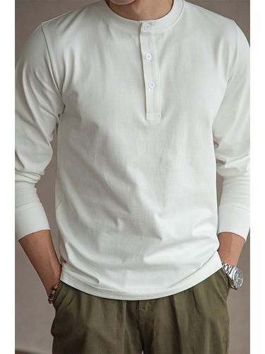 American Retro Heavyweight Henley Shirt Slim Cotton T-Shirt Men Long Sleeve Loose Base Shirt Khaki Tough Guy Men Autumn Summer