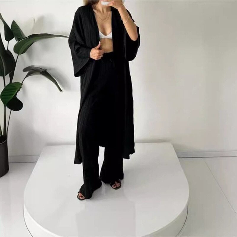 クロスボーダー婦人服2025ヨーロッパとアメリカの秋の新作プリーツテクスチャースリットトップストレートワイドレッグパンツ2点セット|undefined