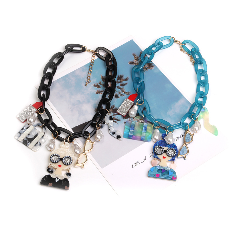 欧美跨境时尚个性小配件夸张长款项链女复古拼色亚克力美人头项链详情5