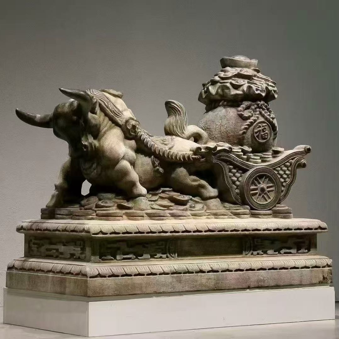 青石石雕牛居福地别墅酒店大堂摆件公园别墅牛拉聚宝盆生肖摆件