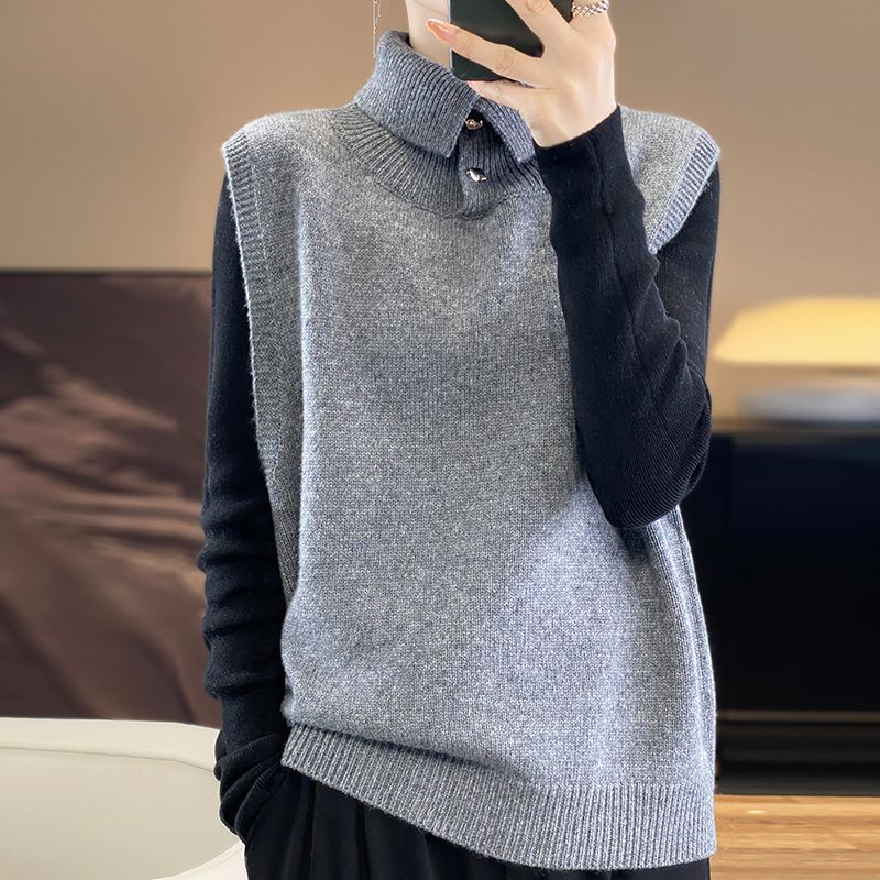 Nuevo chaleco de cuello alto de otoño y invierno chaleco de punto de moda de color sólido con hombros suéteres sueltos sin mangas