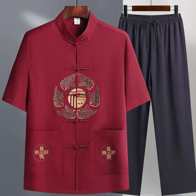 Костюм Тан для мужчин среднего и пожилого летнего ледяного шелка с короткими рукавами китайский стиль вышивка ретро папа повседневный свободный дедушка костюм
