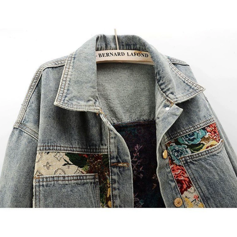 Denim short jacket, oversized loose fit with floral patchwork, cropped style